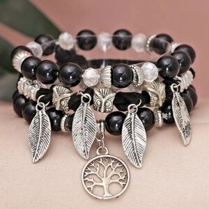 3-piece Black and Silver Tone Beaded Stretch Bracelets NEW
